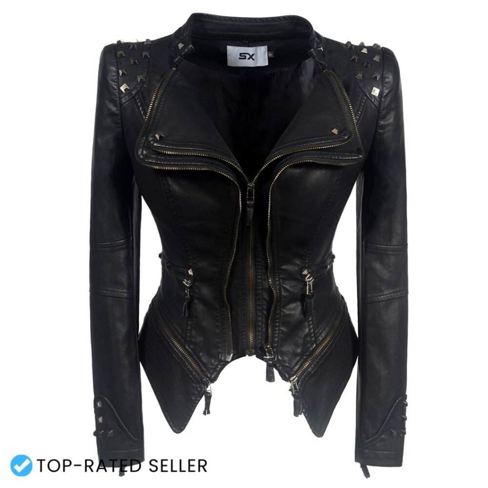 Classic Punk Rivet Leather Jacket Dovetail Motorcycle Style Long Sleeve